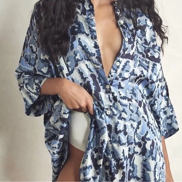 Free People - Goddess Sleep Shirt - Blue Print Large - Picture 2 of 10